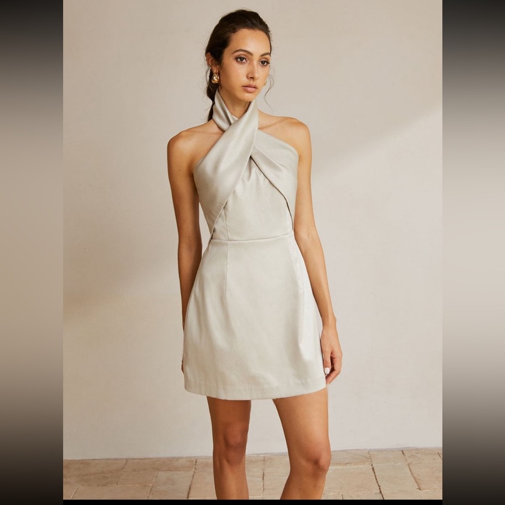 NWT Commense Cross Halter Backless Short Dress - Khaki